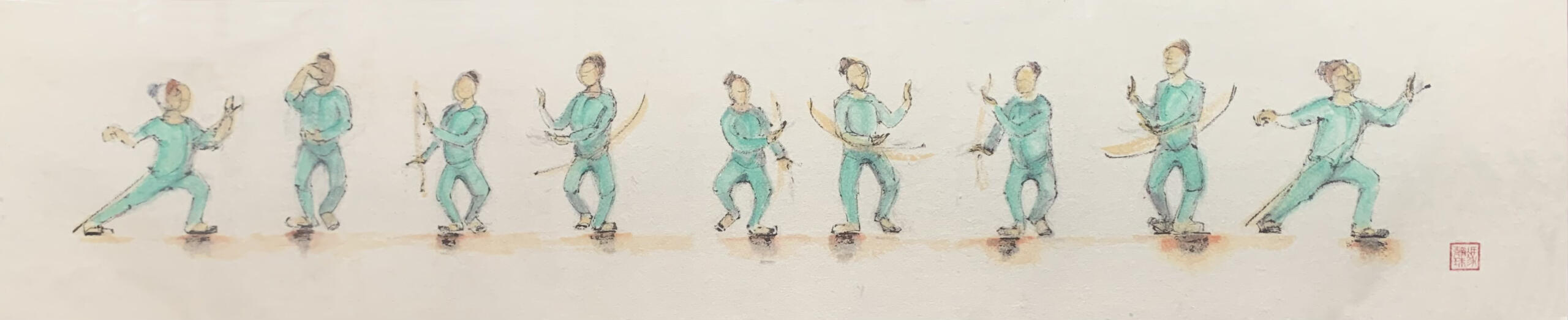Tai ji sideways stepping, painting by Ann Massing.